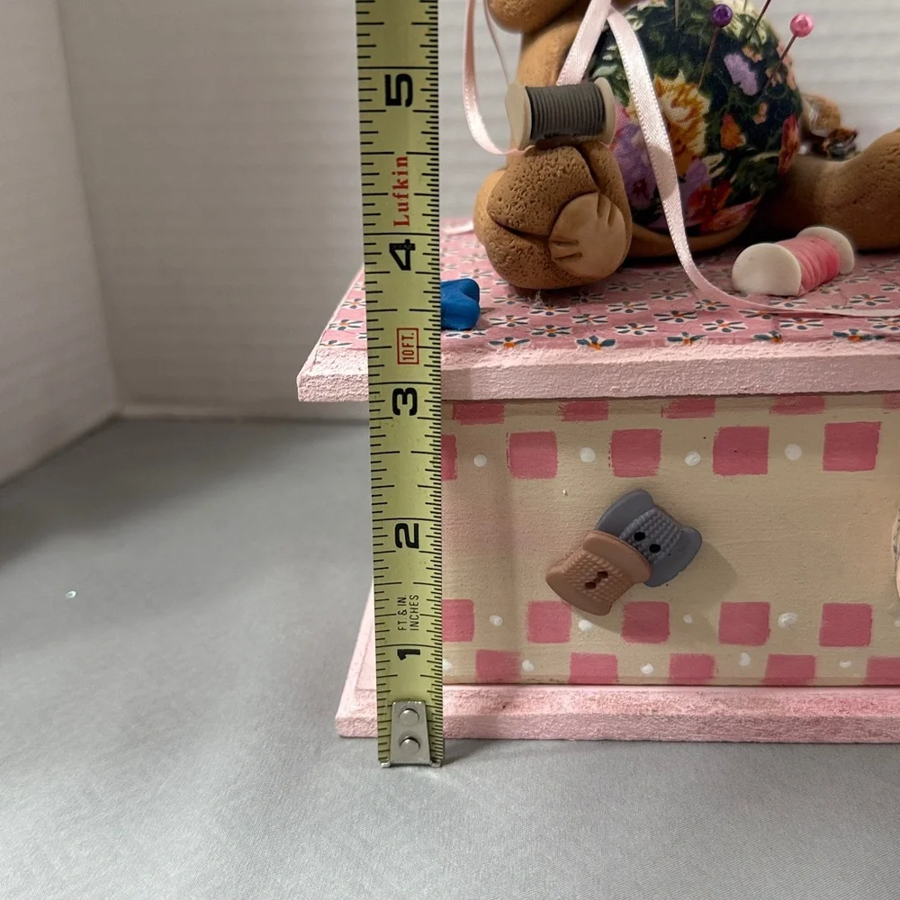 Handmade Pink Sewing Box Trinket Organizer with Drawer Teddy Bear Pin Cushion